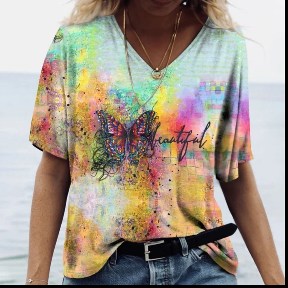 Butterfly Print Women's T-Shirt, Casual 2x Plus Size
